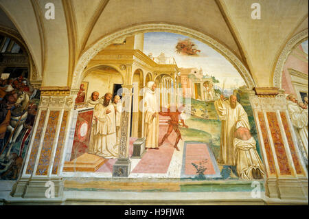 Renaissance-Fresken, St. Benedict Leben, Gemälde von Il Sodoma, Chiostro Grande (großes Kloster), Abtei von Monte Oliveto Maggiore, Toskana, Italien Stockfoto