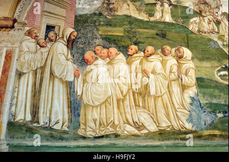 Renaissance-Fresken, St. Benedict Leben, Gemälde von Il Sodoma, Chiostro Grande (großes Kloster), Abtei von Monte Oliveto Maggiore, Toskana, Italien Stockfoto