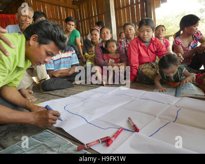 Kambodscha, Stung Treng Katot Dorf, von Brao Stamm bewohnt. Menschen zu treffen, Land-Titeln, die lokale Regierung amtieren. Karte von ihr angestammtes Land zeichnen. Sean Sprague Foto Stockfoto