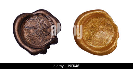 Satz von golden Wachssiegel isoliert auf weißem Hintergrund Stockfoto