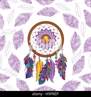 Handgezeichnete Native American Indian Talisman farbige Dreamcatcher mit Federn und Mond. Vektor Hipster Musterdesign. Isoliert auf weißem Hintergrund. Stock Vektor