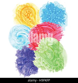 Hand gezeichnet Doodle auf Aquarell malen Farbflecken. Farbe Skizze florales Design. Tattoo, Poster, Print, T-shirt. Vektor-illustration Stock Vektor