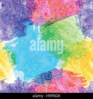 Handgezeichnete nahtlosen doodle Muster auf Aquarell malen Farbflecken. Farbe Skizze florales Design. Tattoo, Poster, Print, T-shirt. Vektor-illustration Stock Vektor
