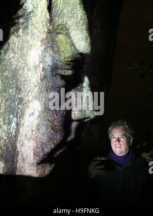 Licht und Nebel verwandeln Edinburghs George Square Gardens mit schattenhafte Figuren auf Bäume als Teil von "The Einfluss Machine", ein immersives Erlebnis im freien skulpturalen des amerikanischen Künstlers Tony Oursler (im Bild) projiziert. Stockfoto