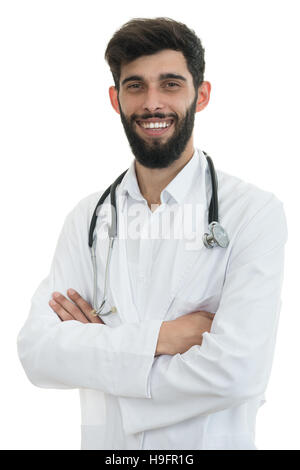 Junge ernst hübscher bärtiger Arzt mit weißen Kittel und Stethoskop. Stockfoto