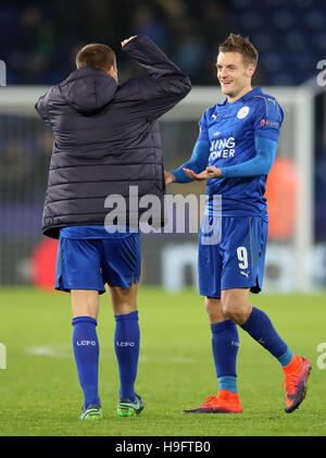 Leicester City Jamie Vardy feiert nach der Gruppenphase der UEFA Champions League-Spiel im King Power Stadium, Leicester. Stockfoto