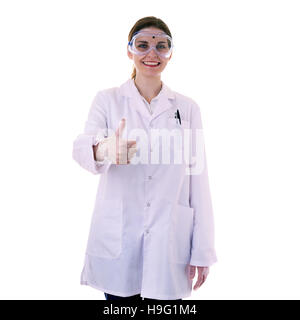 Assistentin-Wissenschaftler im weißen Kittel über isolierte Hintergrund Stockfoto