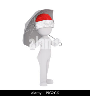 3D Mann trägt einen bunten roten Weihnachten Santa Hut und hält einen Regenschirm geben einen Daumen nach oben Geste von Erfolg und Genehmigung, Illustration zu rendern Stockfoto