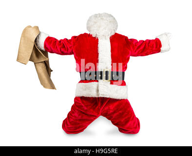 lustige verrückt komisch rot weiße Santa Claus Feier von Clench Faust hält die Tasche in die Luft Arbeit isolierten auf weißen Hintergrund Stockfoto