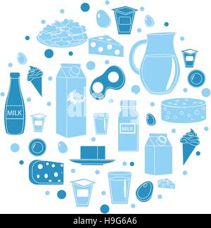 Milchprodukten Symbolsatz in Rundform. Flachen Stil.   isoliert auf weißem Hintergrund. Milch und Käse Sammlung. Bauernhof Lebensmittel. Vektor-illustration Stock Vektor