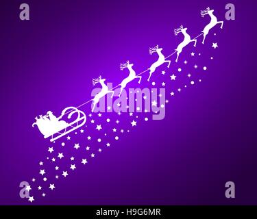 Weihnachtsmann im Schlitten fährt in die Rentiere auf einen lila backg Stock Vektor