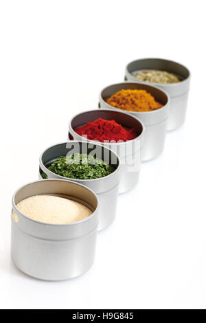 Gewürze in kleinen Töpfen, Petersilie, Knoblauchpulver, Pfeffer, curry Stockfoto