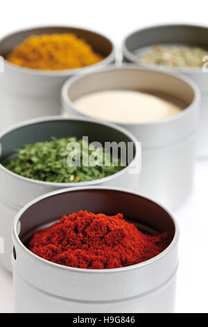Gewürze in kleinen Töpfen, Petersilie, Knoblauchpulver, Pfeffer, curry Stockfoto
