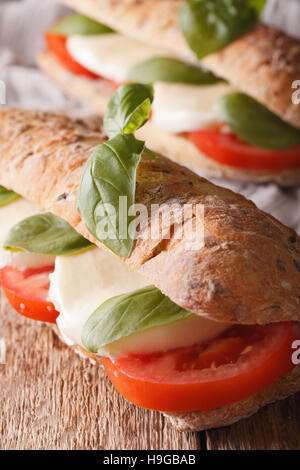 Italienische Caprese Sandwich Makro auf dem Tisch. vertikale, rustikalen Stil Stockfoto