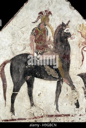 Magna Graecia. Lukanischen Grab. Griechischen Stil Fresko mit italienischen Einflüssen, die Darstellung eines Kriegers auf dem Pferderücken, möglicherweise Samnita montiert. 4. Jh.V.Chr. Archäologisches Museum von Paestum. Italien. Stockfoto