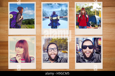 Zusammengesetztes Bild der Seitenansicht einer Hipster-Frau mit einer Reisetasche Stockfoto