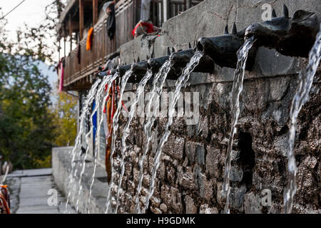 Wandbrunnen, Wasser fließt durch Tier geformte Düsen. Stockfoto