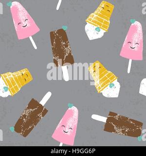 Nahtlose Vektormuster mit niedlichen Cartoon-Eis und Kekse und Flecken im Grunge-Stil für Textil, Stoff, Papier, Mode, Scrapbooking und andere Stock Vektor