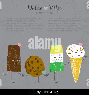 Vektor handgezeichnete Eiscreme set cute Kawaii Verständigung Geschichte für Postkarte, Poster, Aufkleber und andere Stock Vektor