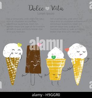 Vektor handgezeichnete Eiscreme set cute Kawaii Verständigung Geschichte für Postkarte, Poster, Aufkleber und andere Stock Vektor