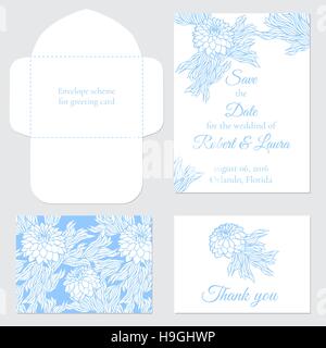 Satz des Vektors Grußkarten für Hochzeit, speichern Sie das Datum, elegante Einladung Vorlage für Ehe, Aster; Pfingstrose; Chrysantheme oder Dahlie Stock Vektor