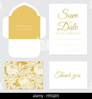 Satz von Vektor-Grußkarten Hochzeit sparen Datum gold Glitter. Satz von Hochzeitseinladungen auf dem weißen Hintergrund mit floralen Ornamenten. Stock Vektor