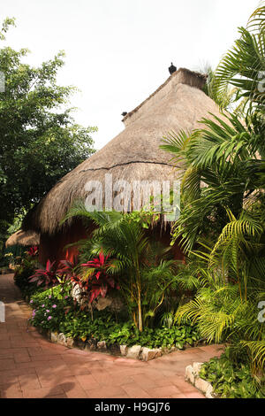 Urige Hütte oder Haus aus natürlichen Materialien hergestellt & Strohdach, Cozumel, Halbinsel Yucatan, Quintana Roo, Mexiko. Stockfoto