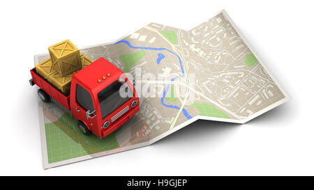 3D Abbildung des LKW mit Ladung und Karte, Lieferung Navigationskonzept Stockfoto