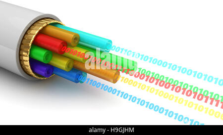 abstrakte 3d Darstellung der digitalen Binärdaten in Glasfaserkabel Stockfoto