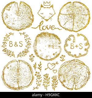 Vektor-Holz spaltet Set mit dekorativen Elementen isoliert auf weißem Hintergrund. Vektor-Holz spaltet Set mit Goldglitter für Ihr Design. Stock Vektor