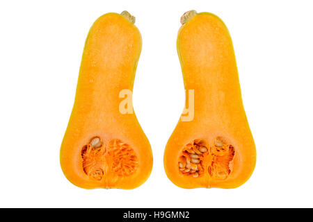 Zwei Hälften der Butternut-Kürbis isoliert auf weißem Hintergrund. Stockfoto