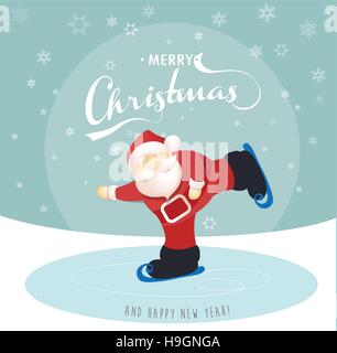 Frohe Weihnachten und Happy New Year Grußkarte mit Eislaufen Santa auf dem See. Stock Vektor