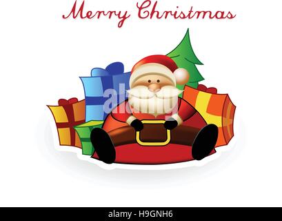 Santa mit Geschenkkartons und Weihnachtsbaum hinter ihm sitzen. Frohe Weihnachten Stock Vektor