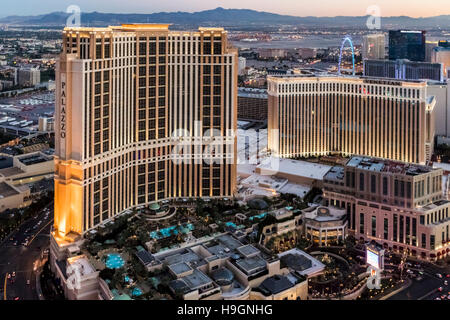 Luftaufnahme des Venetian und Palazzo Hotels Strip, Las Vegas, Nevada, USA Stockfoto