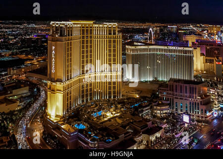 Luftaufnahme des Venetian und Palazzo Hotels Strip, Las Vegas, Nevada, USA Stockfoto