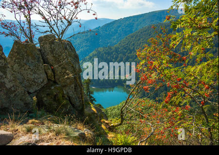 Panorama der Landschaft des Ballons des Vosges Nature Park mit See Schiessrothried vom Hohneck, Elsass, Frankreich Stockfoto