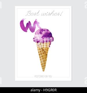 Vektor Postkarte mit Aquarell Eis druckbereit. Postkarte mit Eis und Wegbeschreibung auf dem weißen Hintergrund isoliert. Stock Vektor