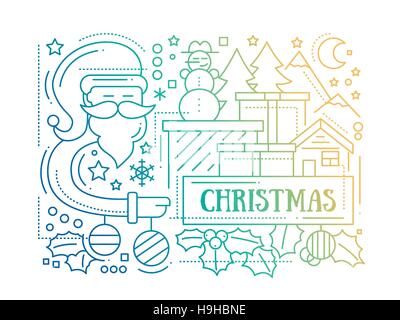 Frohe einfache Linie Design Weihnachtskarte mit Urlaub Symbole - Weihnachtsmann, Weihnachtsbaum, Haus, Mistel Stock Vektor