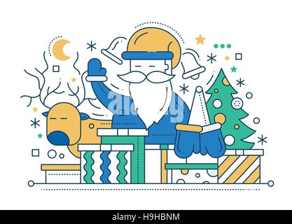 Frohe Linie flache Bauweise Weihnachtskarte mit Urlaub Symbole - Weihnachtsmann, Weihnachtsbaum, Hirsch. Geschenke Stock Vektor