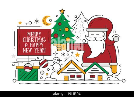 Frohe Weihnachten und Happy New Year Design Linecard mit Urlaub Symbole - Weihnachtsbaum, Weihnachtsmann, Schneemann, Haus Stock Vektor