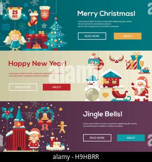 Flaches Design moderne Vektor Website für Christmas Banner Illustrationen Satz. Frohe Weihnachten, frohes neues Jahr, Jingle Bells Stock Vektor