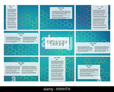 Satz von modernen Business-Präsentationsvorlagen in A4-Format. Verbindungsstruktur. Zusammenfassung Hintergrund mit DNA-Molekül und Neuronen. Medizin, Wissenschaft, Technologie-Konzept. Vektor-Illustration. Stock Vektor