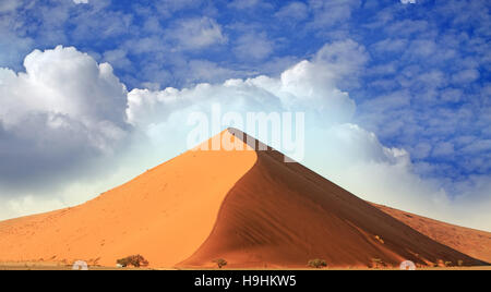Düne 45 in der Namib Wüste, mit einem schönen blauen bewölkten Himmel. Soussvlei, Namibia Stockfoto