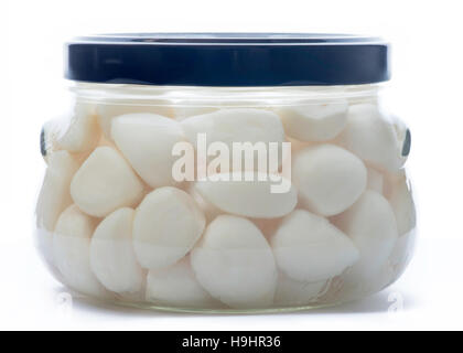 Knoblauch in ein Glas Vorratsgefäß mit einem dunklen blau leer Deckel, isoliert auf weißem Hintergrund Stockfoto