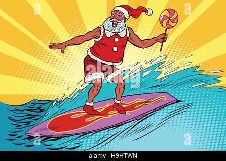 Sport-Weihnachtsmann auf einem Surfbrett Stock Vektor