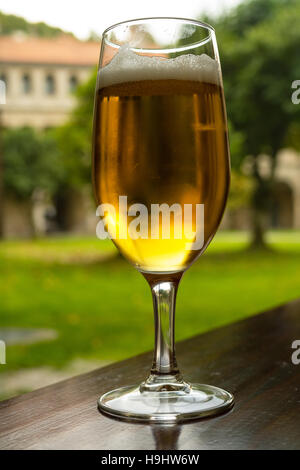 Glas Bier auf dem Tisch in einem Garten Stockfoto
