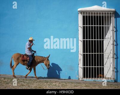 Mann auf Esel auf den Straßen von Trinidad in Kuba. Stockfoto