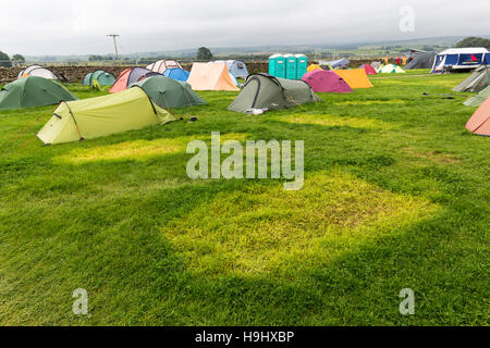 Grass betroffen Zelt Abdeckung auf Campingplatz, Yorkshire, Großbritannien Stockfoto