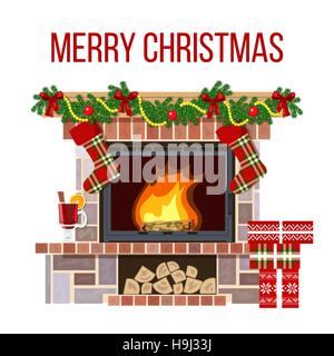 Weihnachten-Kamin und Mullled Wein. Xmas eingerichtet Zimmer Stock Vektor