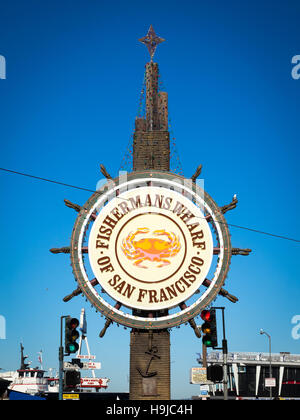 Ein Blick auf die berühmte Fishermans Wharf in San Francisco, Kalifornien Sign. Stockfoto